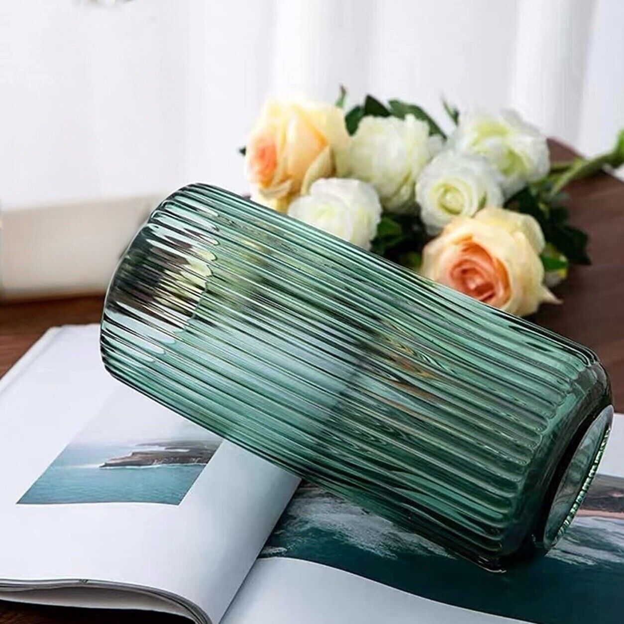 NEW West Elm Green Glass Large Boho Ribbed Cylinder Flower Vase Planter Decor