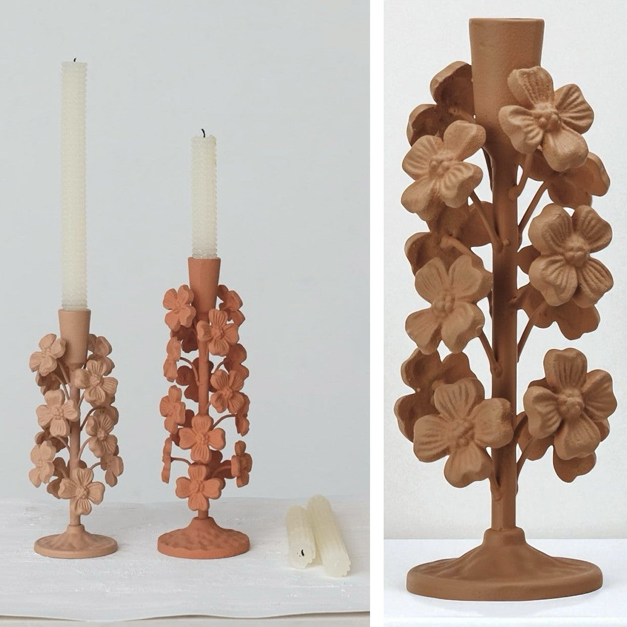 NEW Anthropologie Cast Metal Boho Floral Tapered Candle Candlestick Holder - 9"