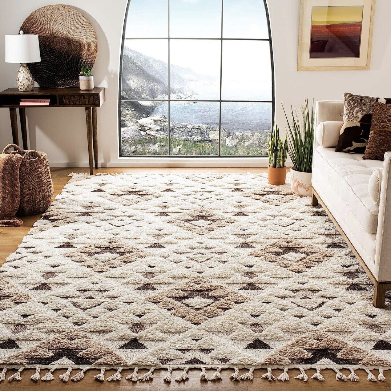 NEW Anthropologie XL White Boho Tassel Geometric Shag Area Rug Carpet 5' x 7.5'