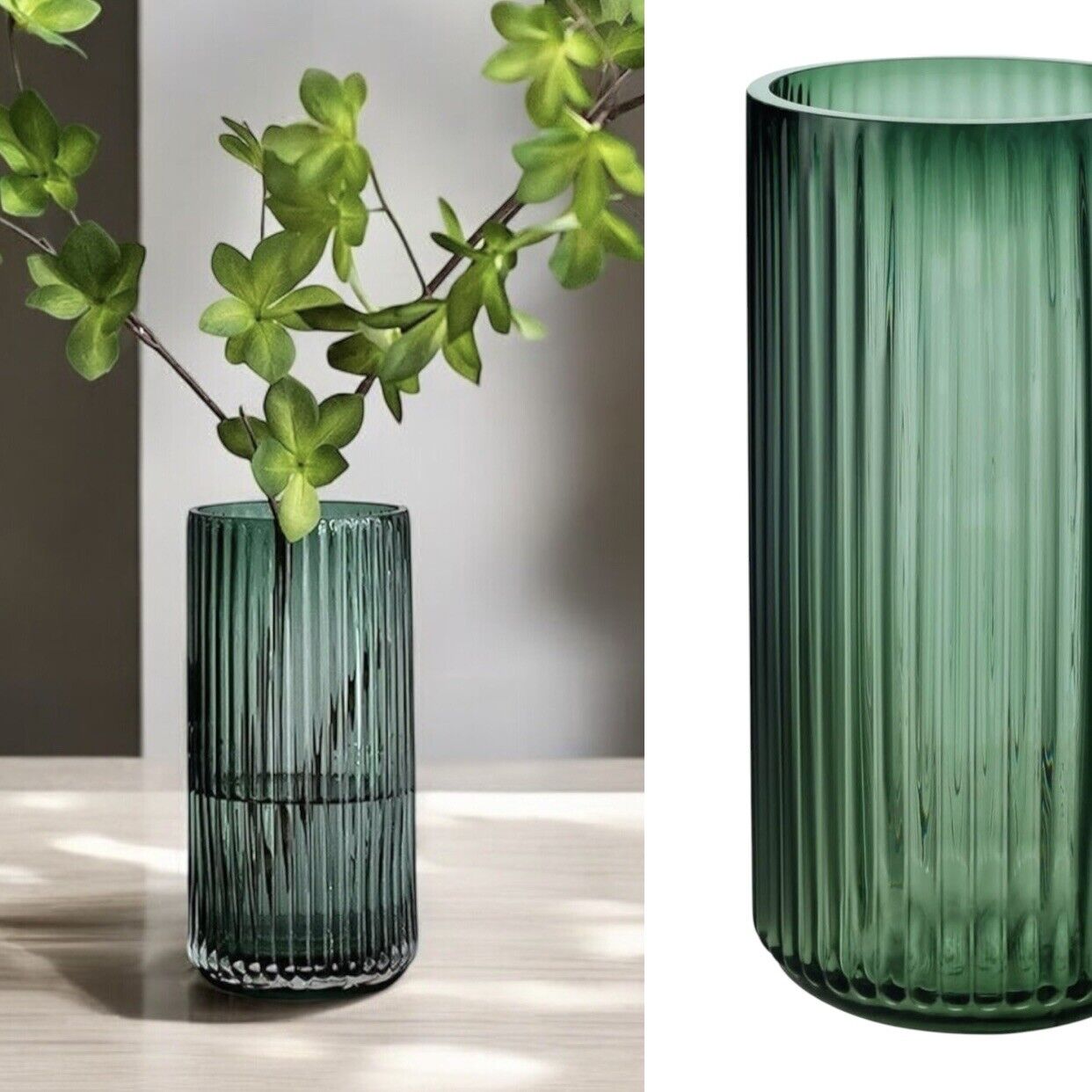 NEW West Elm Green Glass Large Boho Ribbed Cylinder Flower Vase Planter Decor