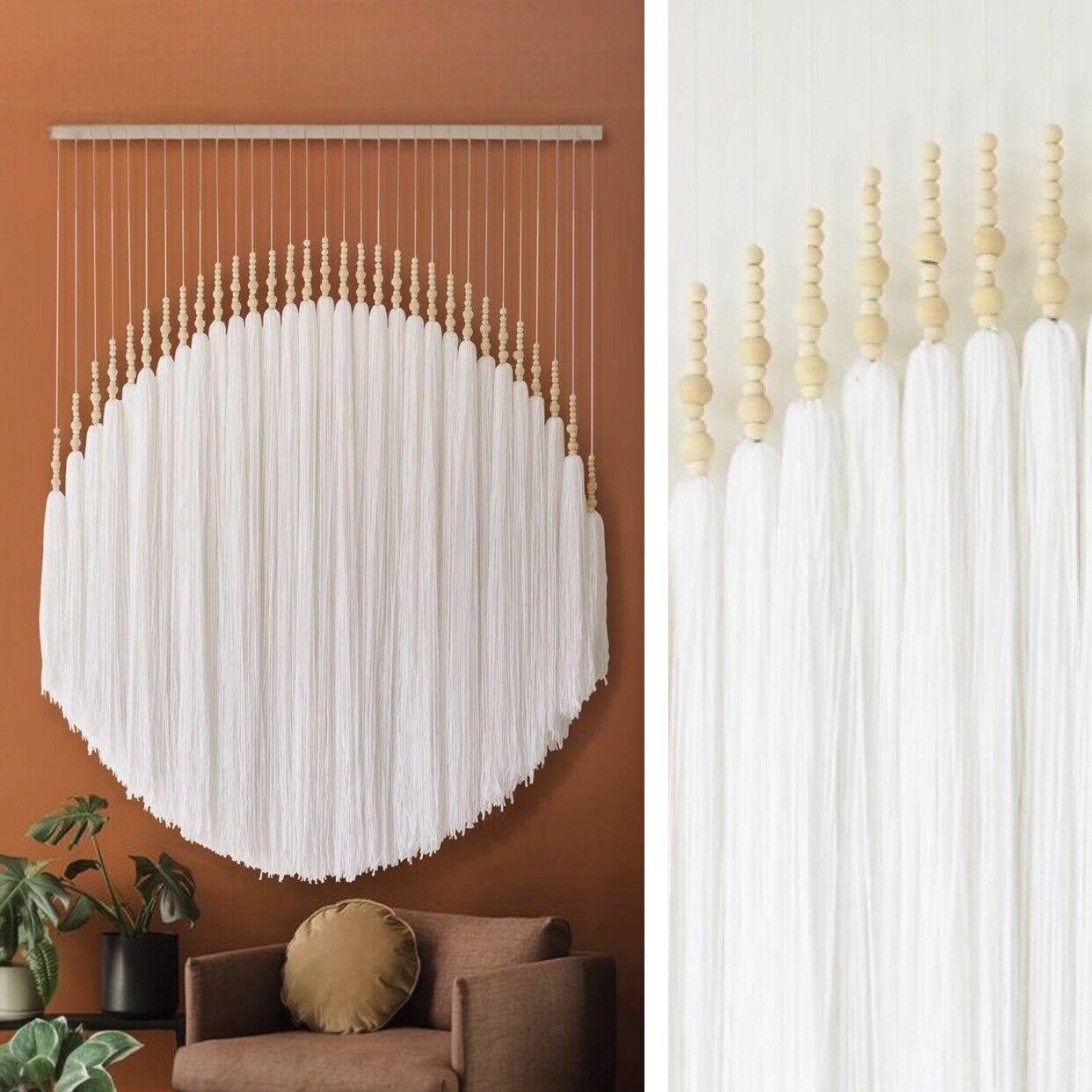 NEW Anthropologie Large Boho White Tassel Tapestry Round Beaded Wall Hanging 55"