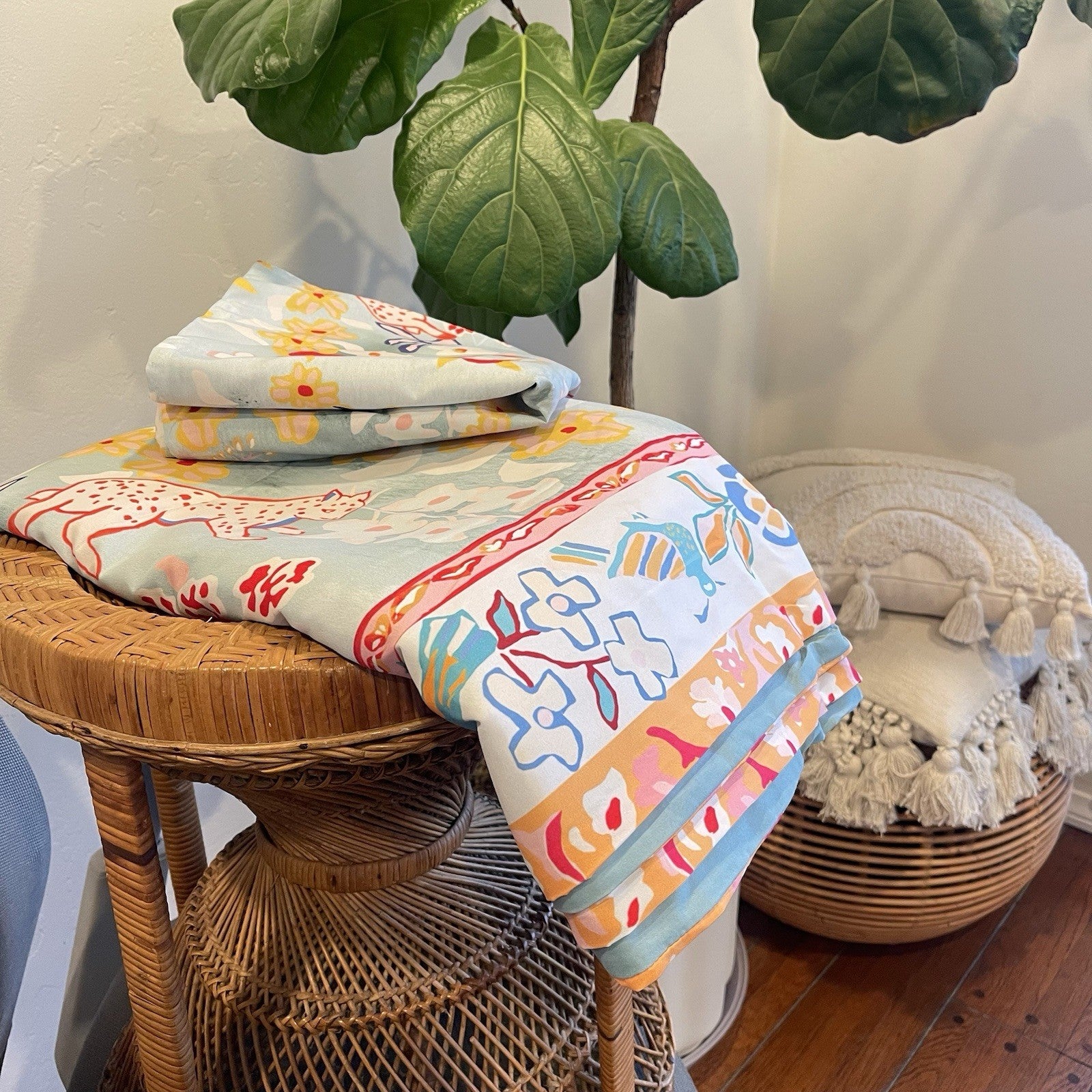 NEW Anthro Blue Jungle Multicolor Boho Queen / King Bedding Duvet & Sham Case