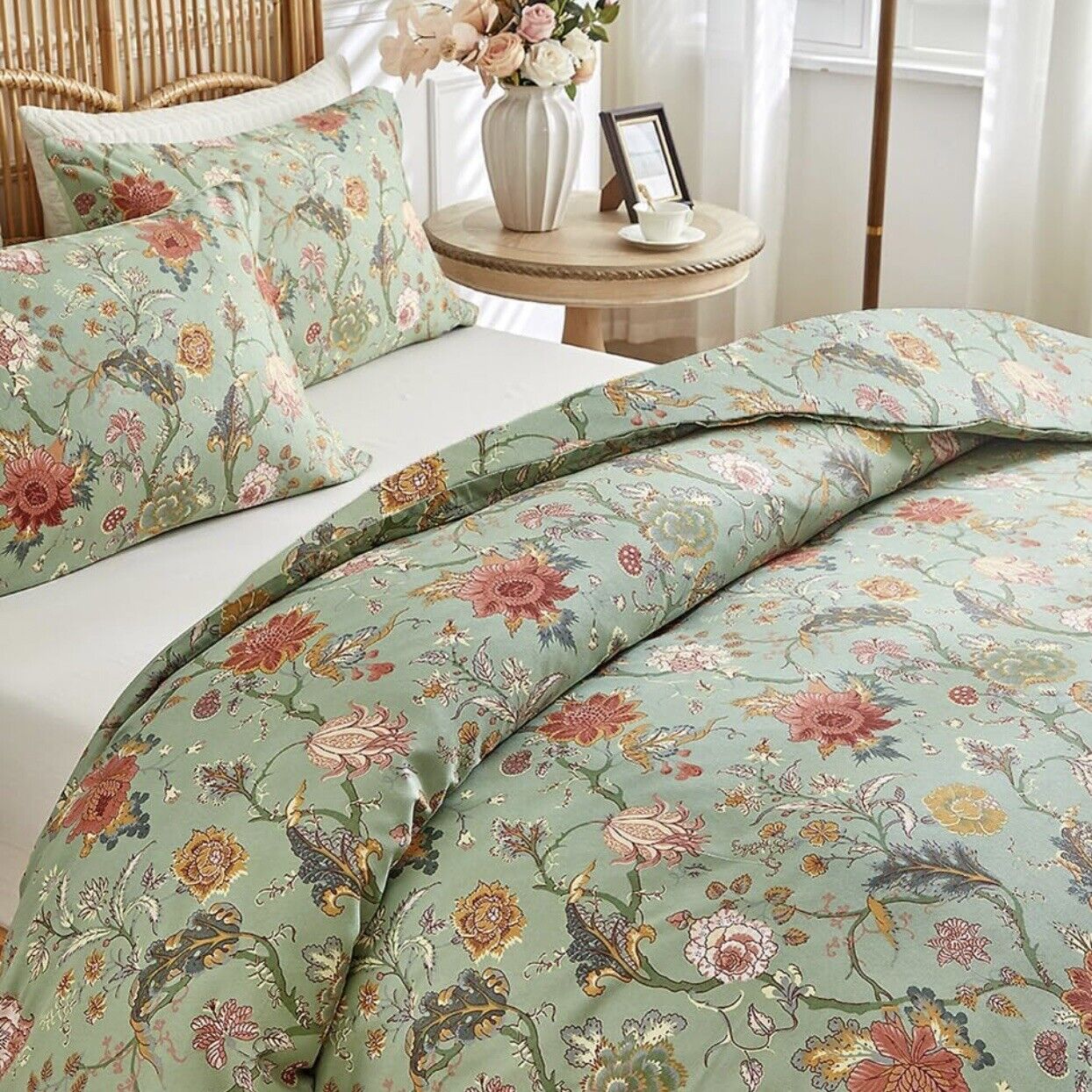 NEW Anthropologie Green Floral Queen Size Boho Comforter Bedding Sham Case Set