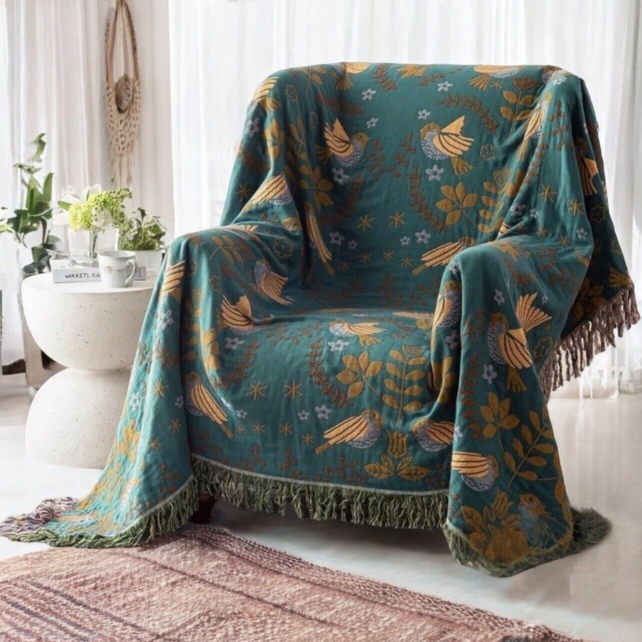 New Anthropologie Boho Bird Tassel Throw Blanket Bedspread Quilt - 80" x 60"