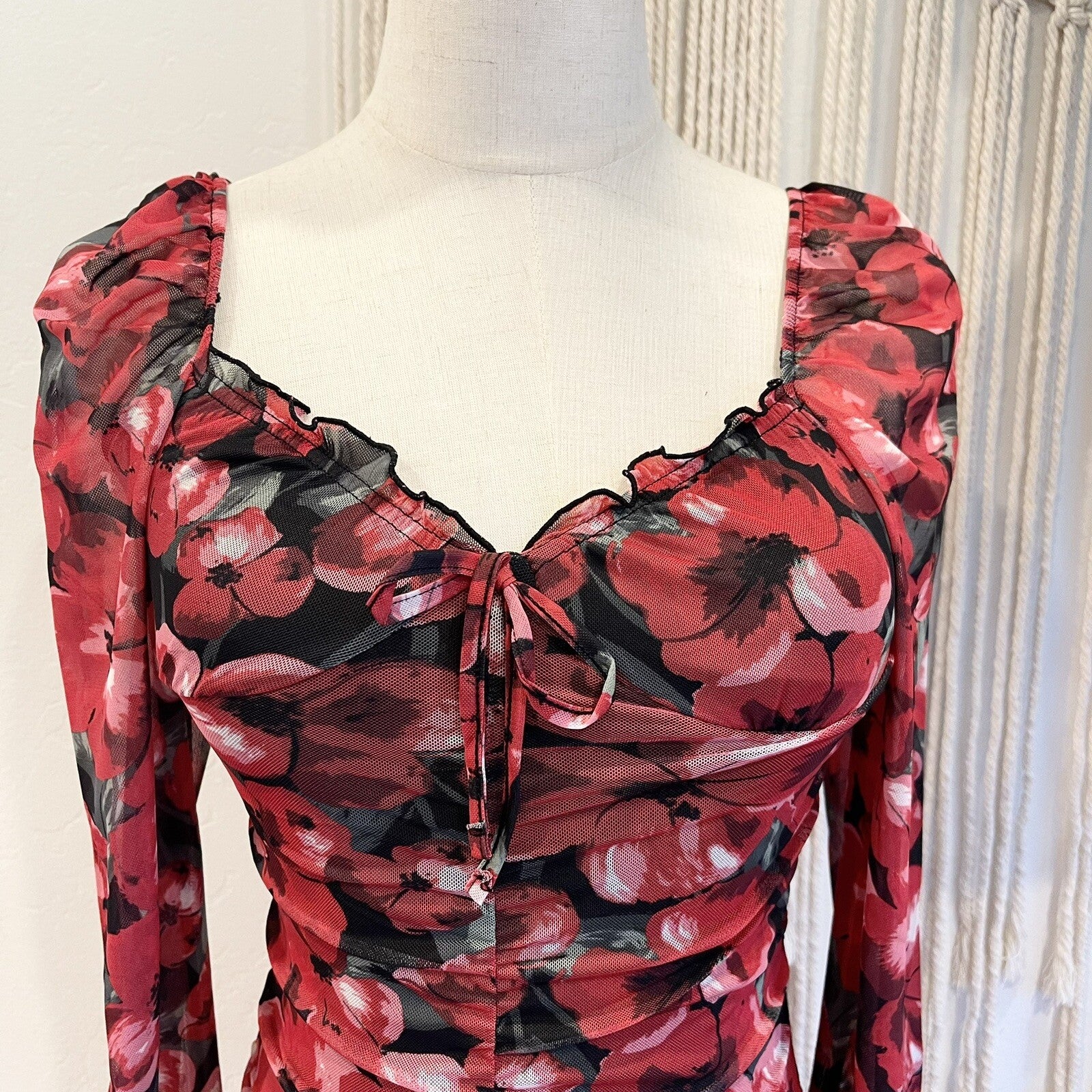 NEW Anthropologie Red Floral Mesh Mini Slip Sundress / Mini Dress - Small / XS