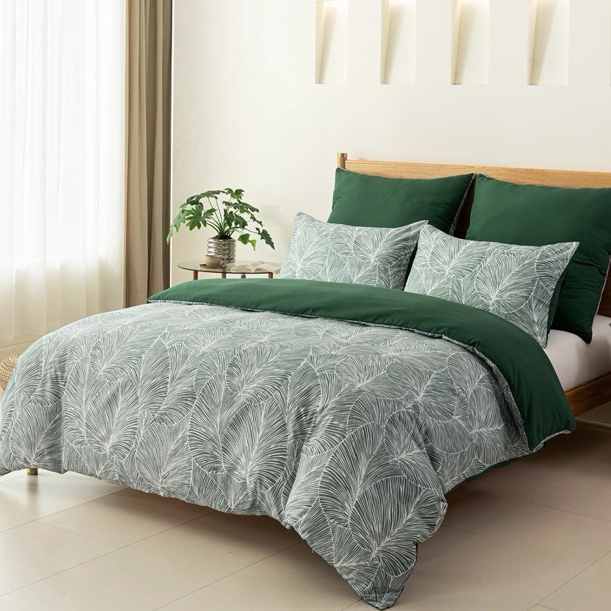 NEW Anthropologie Green Botanical Print Boho Queen King Bedding Duvet & Sham Set
