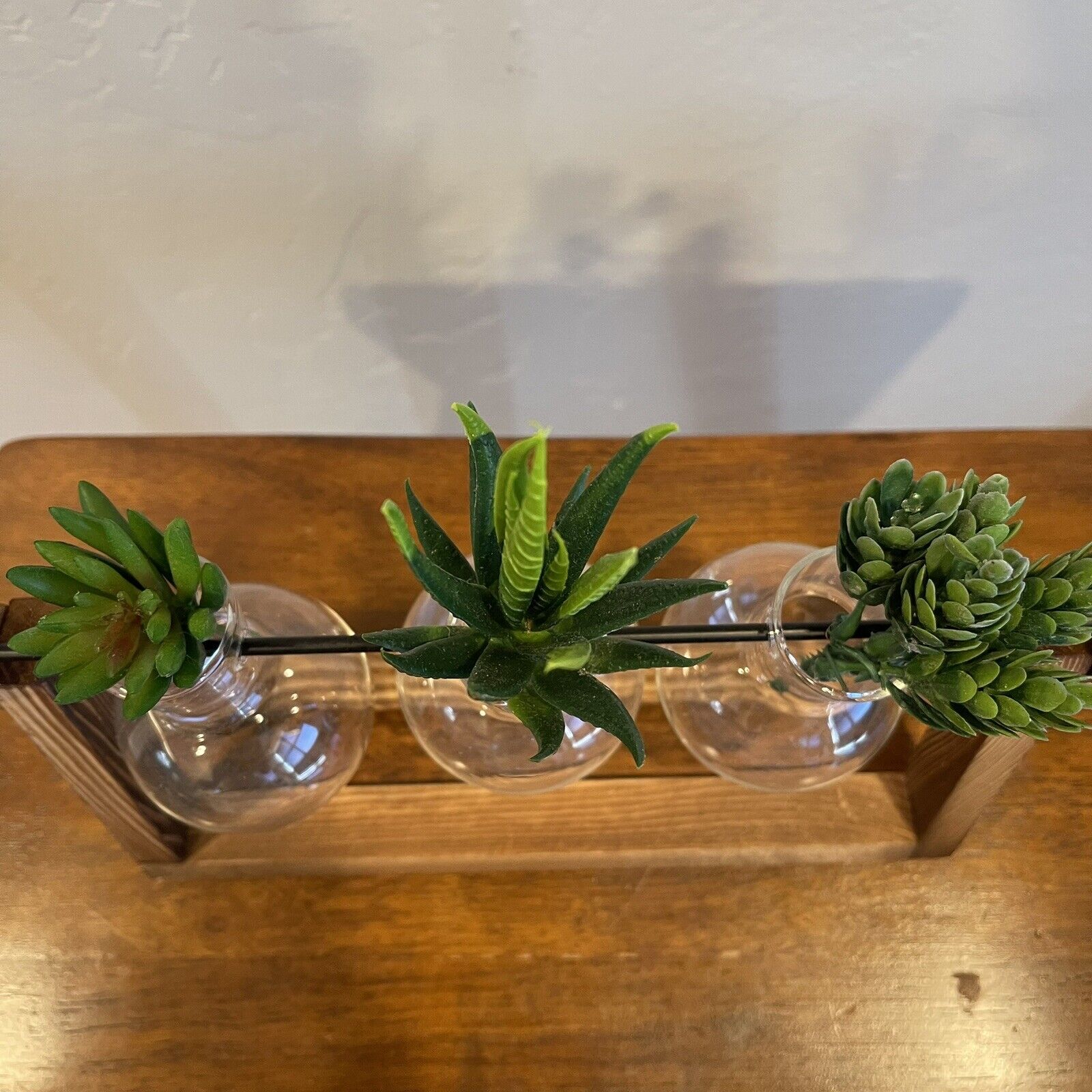 New West Elm Glass Three Bud Vases & Wooden Holder Boho Succulents Planter Set