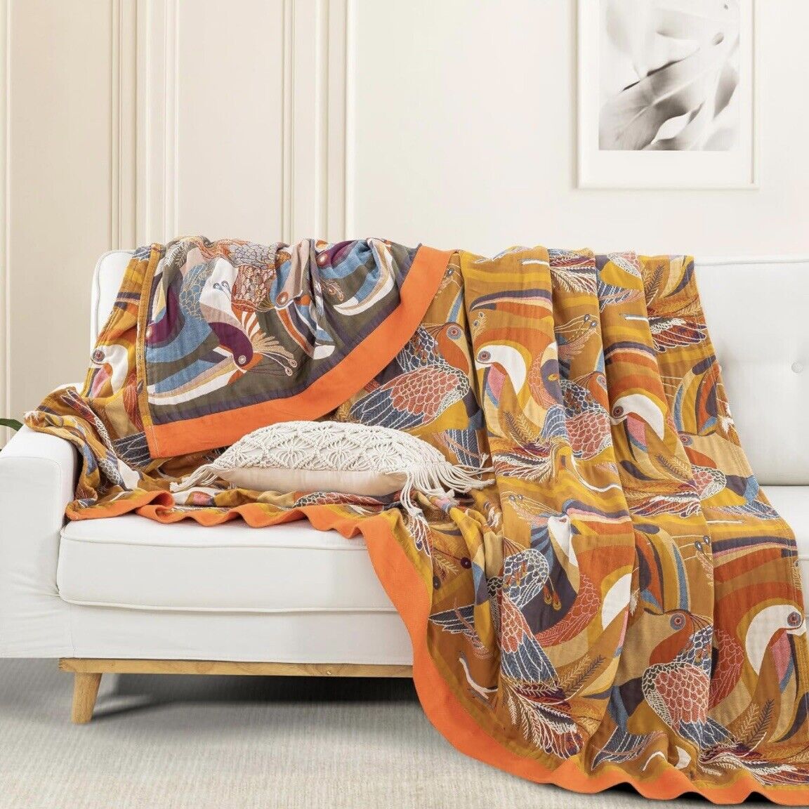 NEW XL Anthropologie Boho Bird Orange Throw Blanket Bedspread Quilt - 80" x 90"