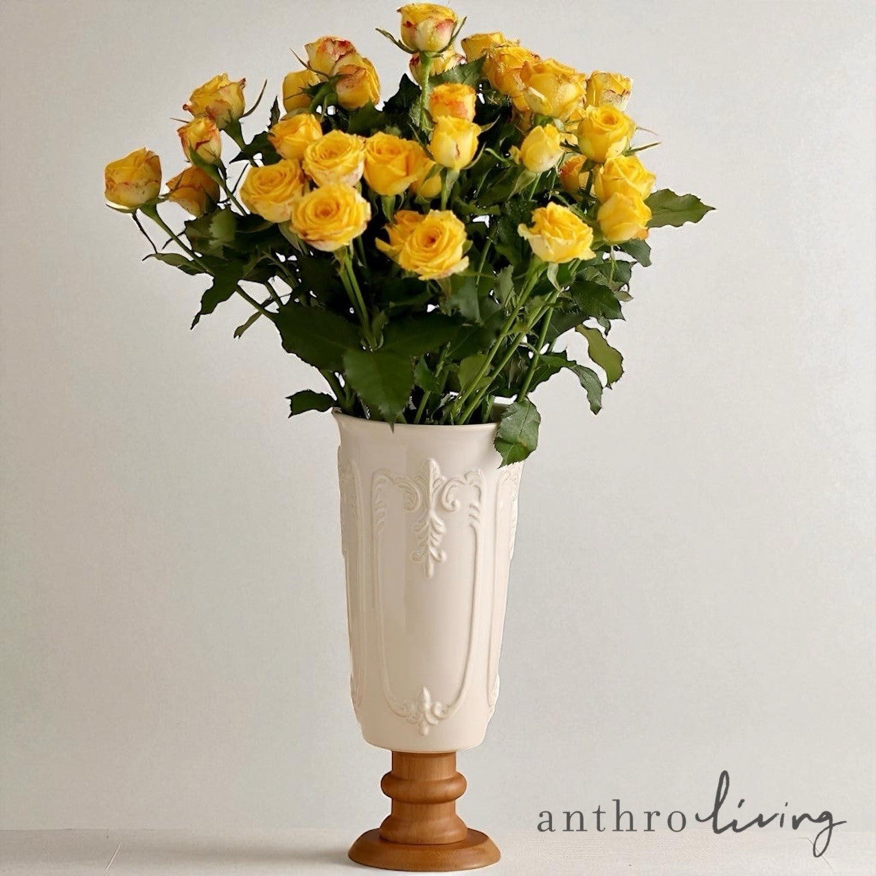 NEW Anthropologie XL Vintage Cream Ceramic & Wood Base Flower Vase Decor - 9"