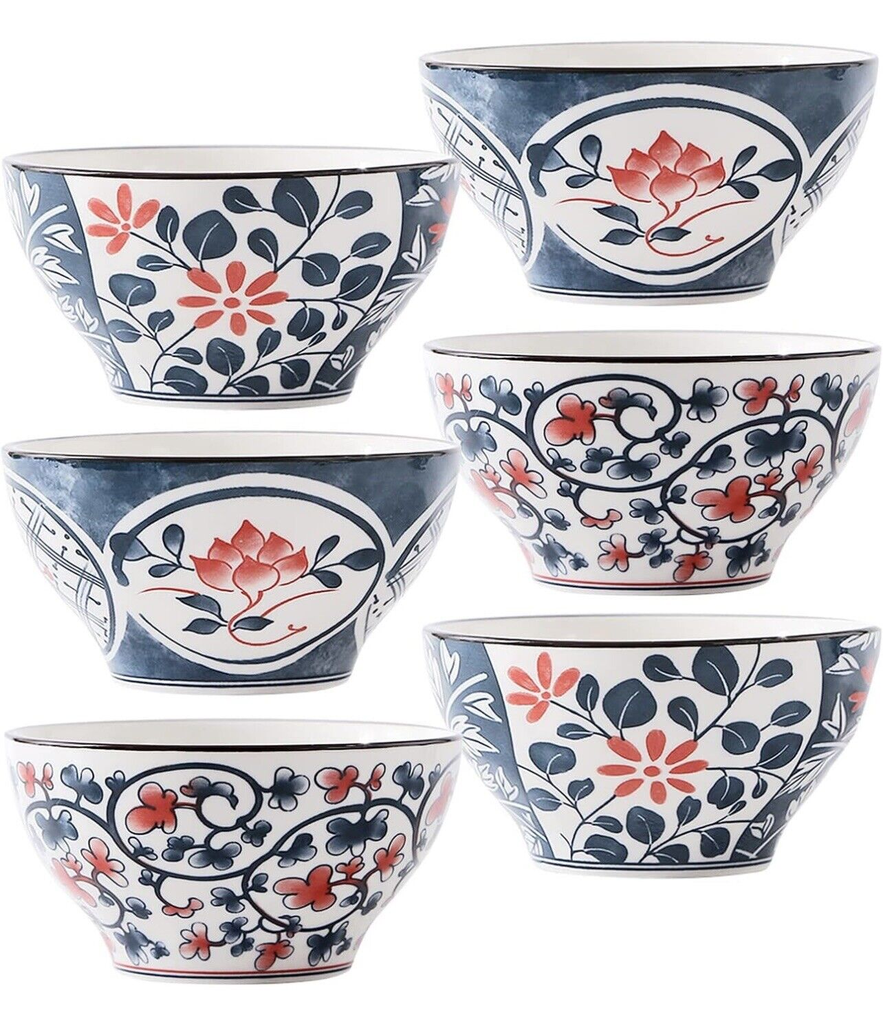 NEW West Elm (Set of 6) Blue Boho Ceramic Floral Dinnerware Soup Bowls Dish Set