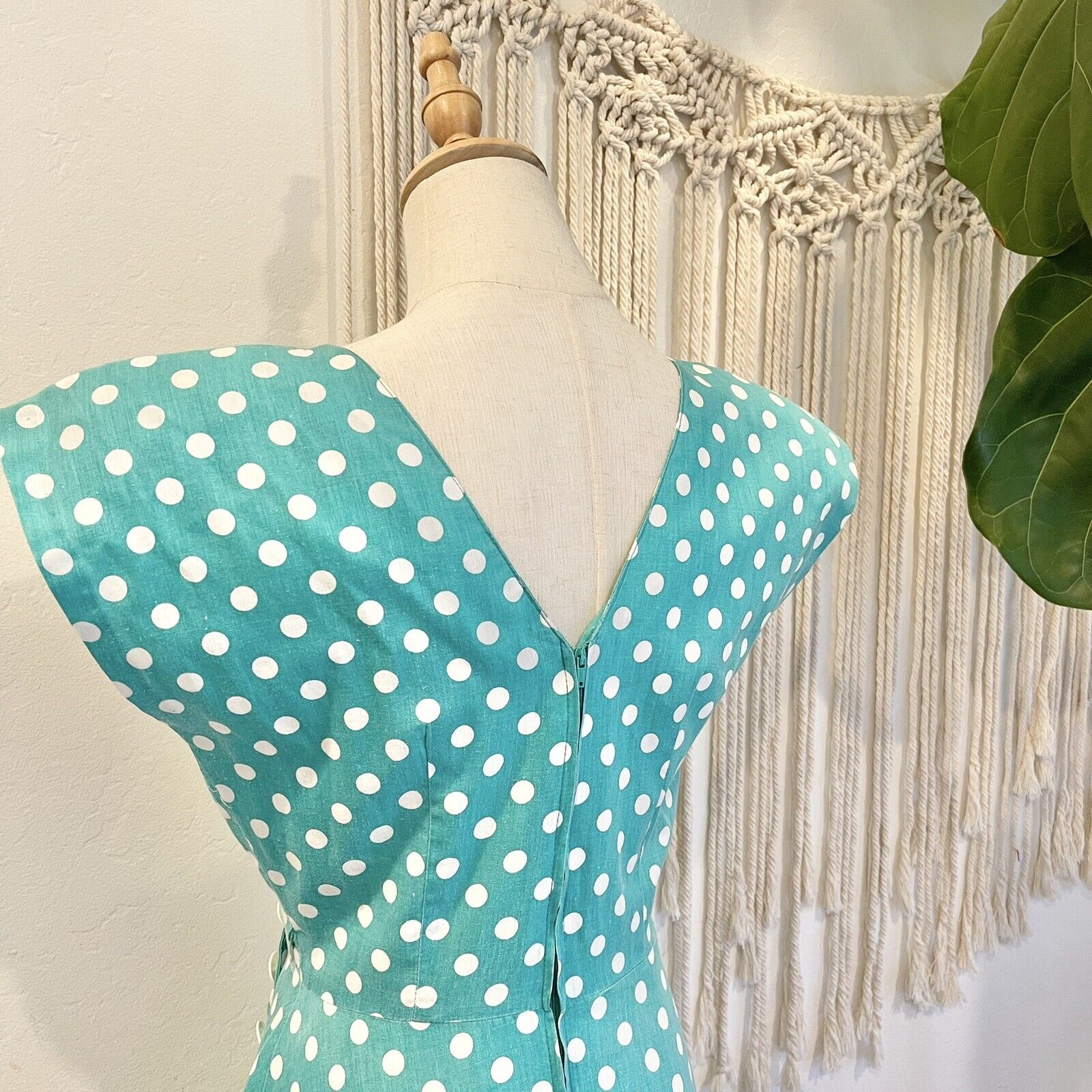 Vintage 1960's Teal & White Polka Dot Button Tea Length Milanzo Dress - Medium