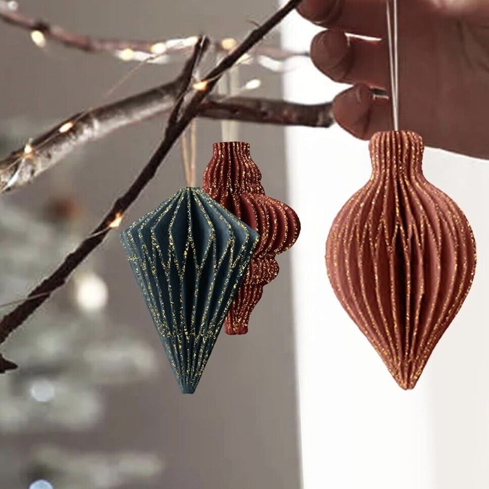 NEW West Elm 6 Piece Boho Glitter Paper Christmas Tree Ornaments Set Decor - 3"