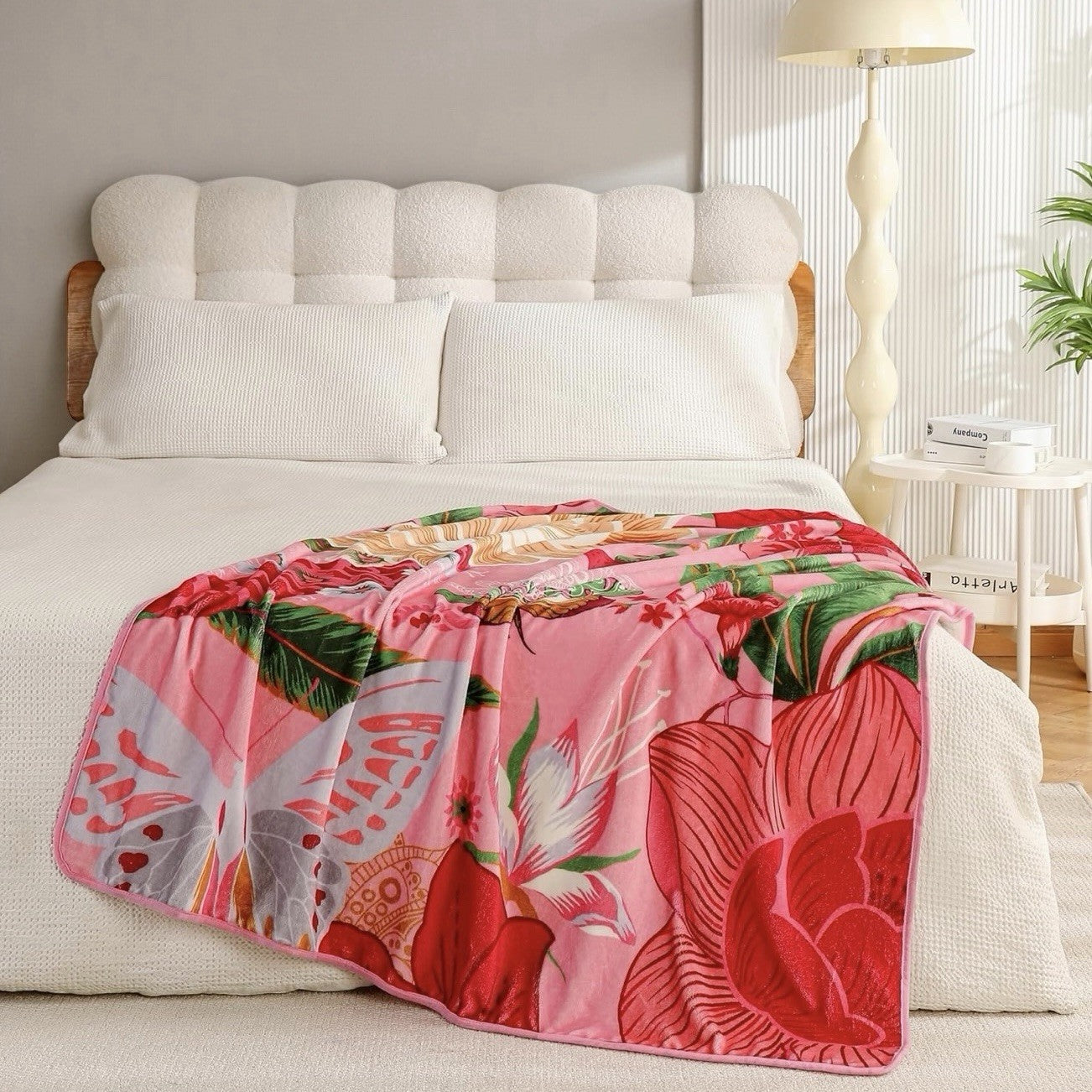 NEW Anthropologie XL Queen Boho Red Floral Fleece Throw Blanket Bedspread 90x90