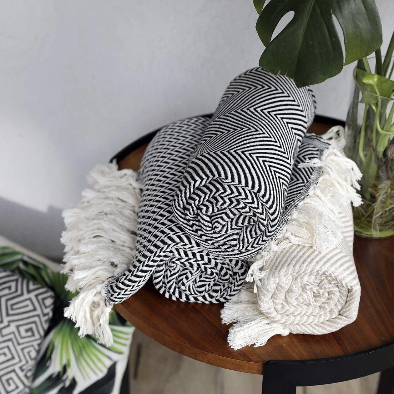 NEW West Elm Boho Black & White Turkish Cotton Throw Blanket Bedding - 60" x 50"