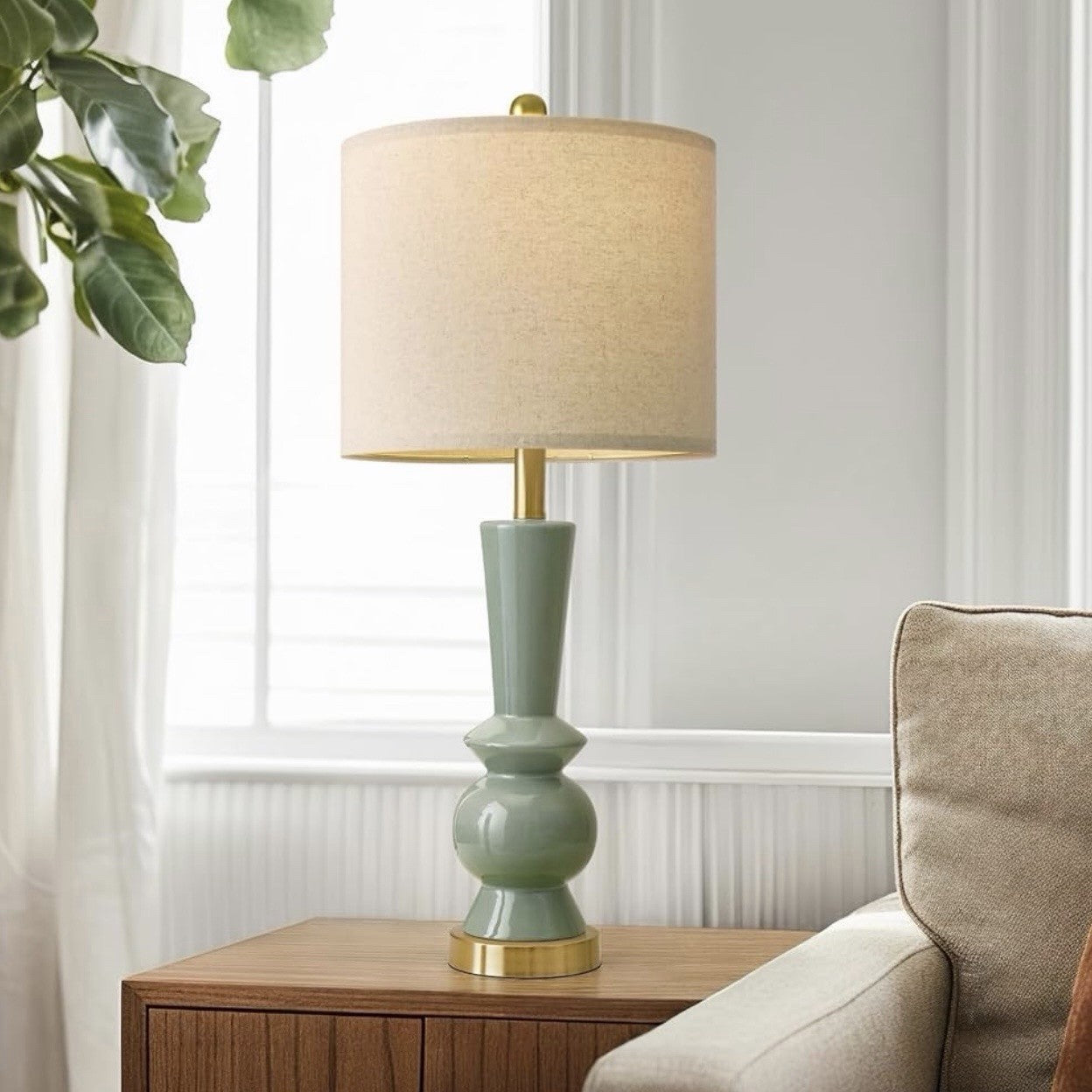 NEW Anthropologie Set of 2 Sage Green Gold Ceramic Boho Table Lamps Lighting 27"