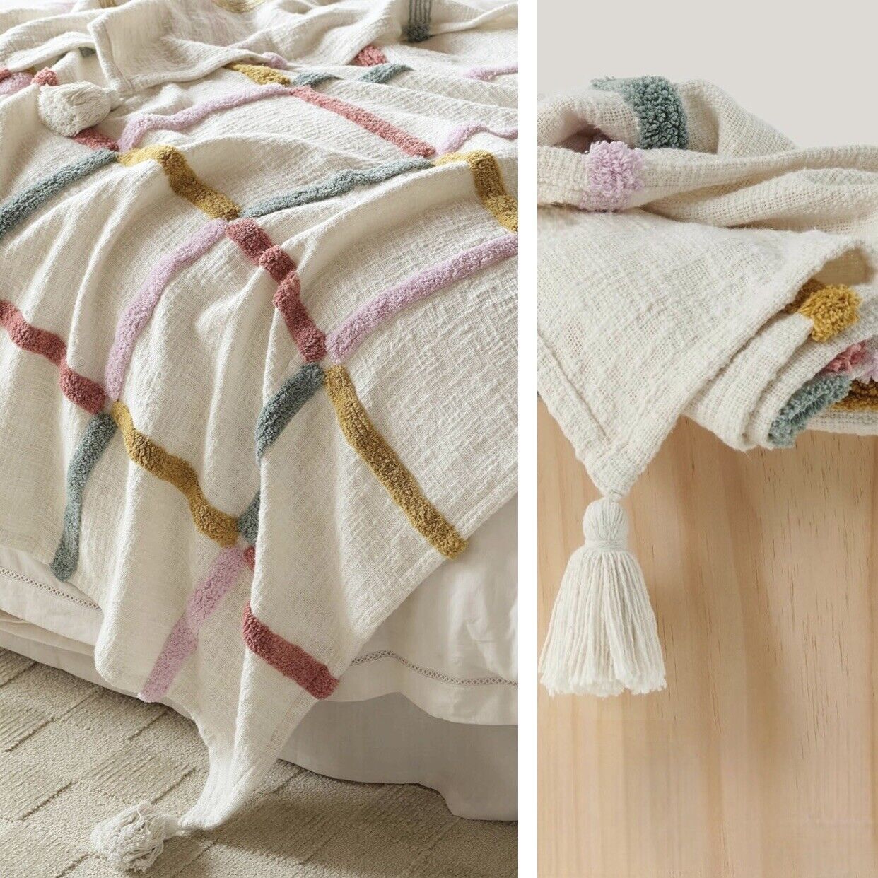 NEW Anthropologie Boho Stripe Tassel Throw Blanket Bedspread Quilt - 50" x 60"