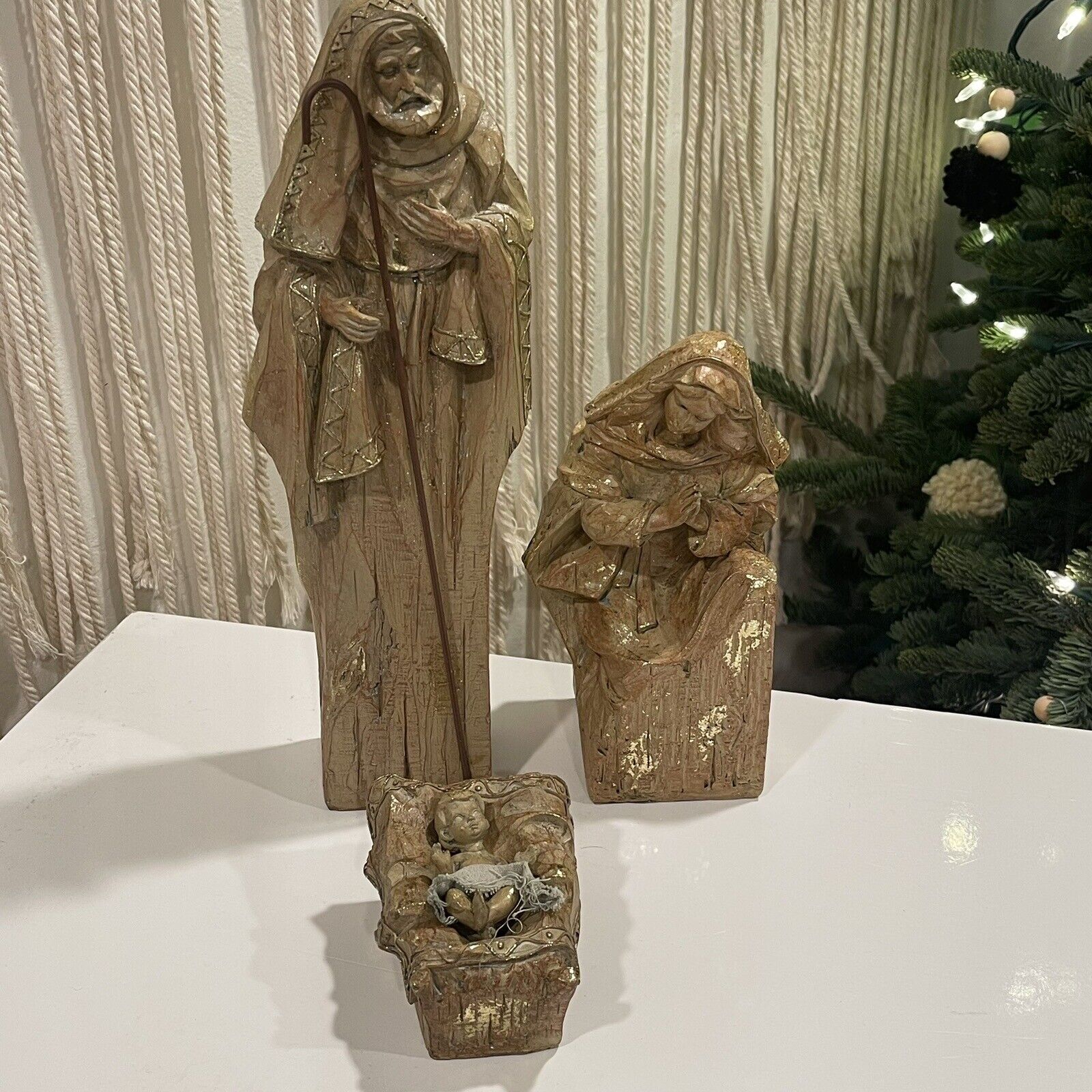 New XL Hand Carved Wooden & Gold Christmas Nativity Statue Figurine Holiday Set