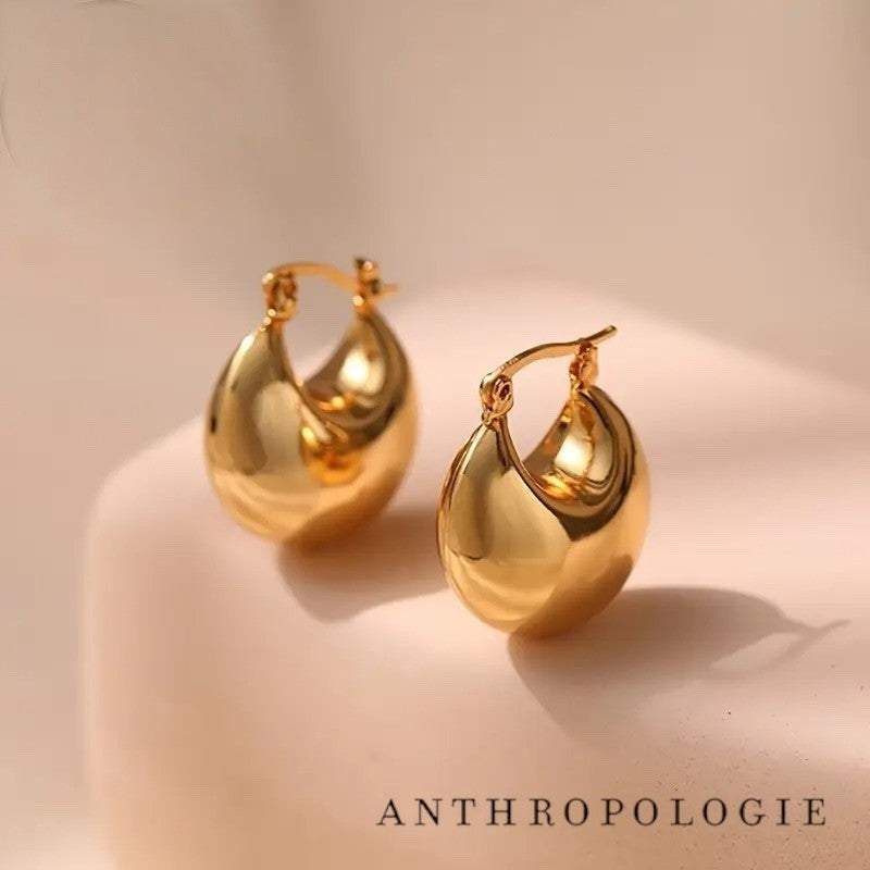 NEW Anthropologie Gold Plated Boho Chunky Hoop Dangle Snap Back Earrings Jewelry