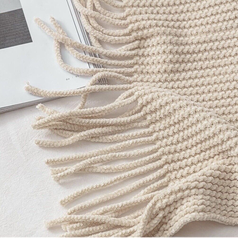 NEW West Elm Boho Cream Ivory Tassel Chenille Knit Throw Blanket - 50" x 60"