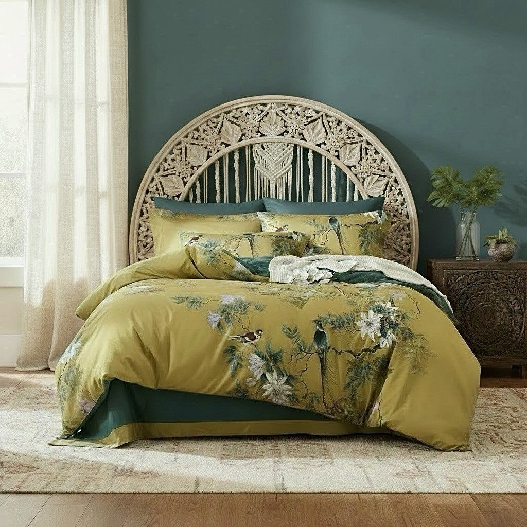 NEW Anthropologie Yellow Boho King Bird Cotton Bedding Duvet & Floral Sham Set