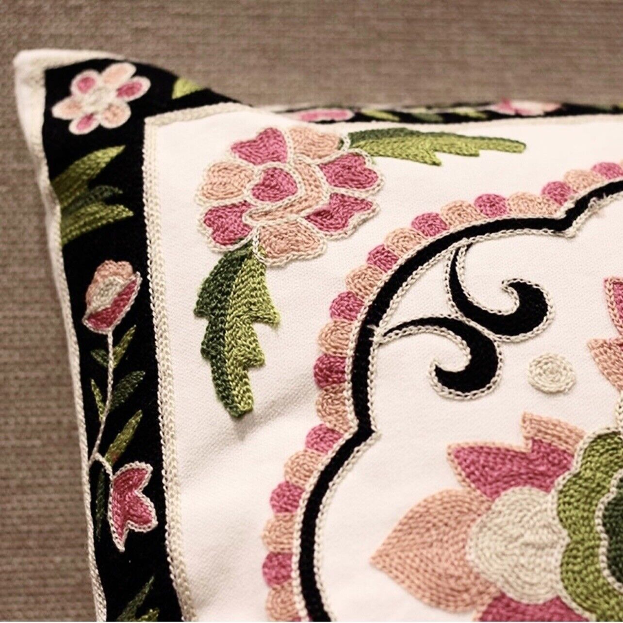 NEW Anthropologie Boho Floral Embroidered Throw Pillow Cover Case Sham 18" x 18"