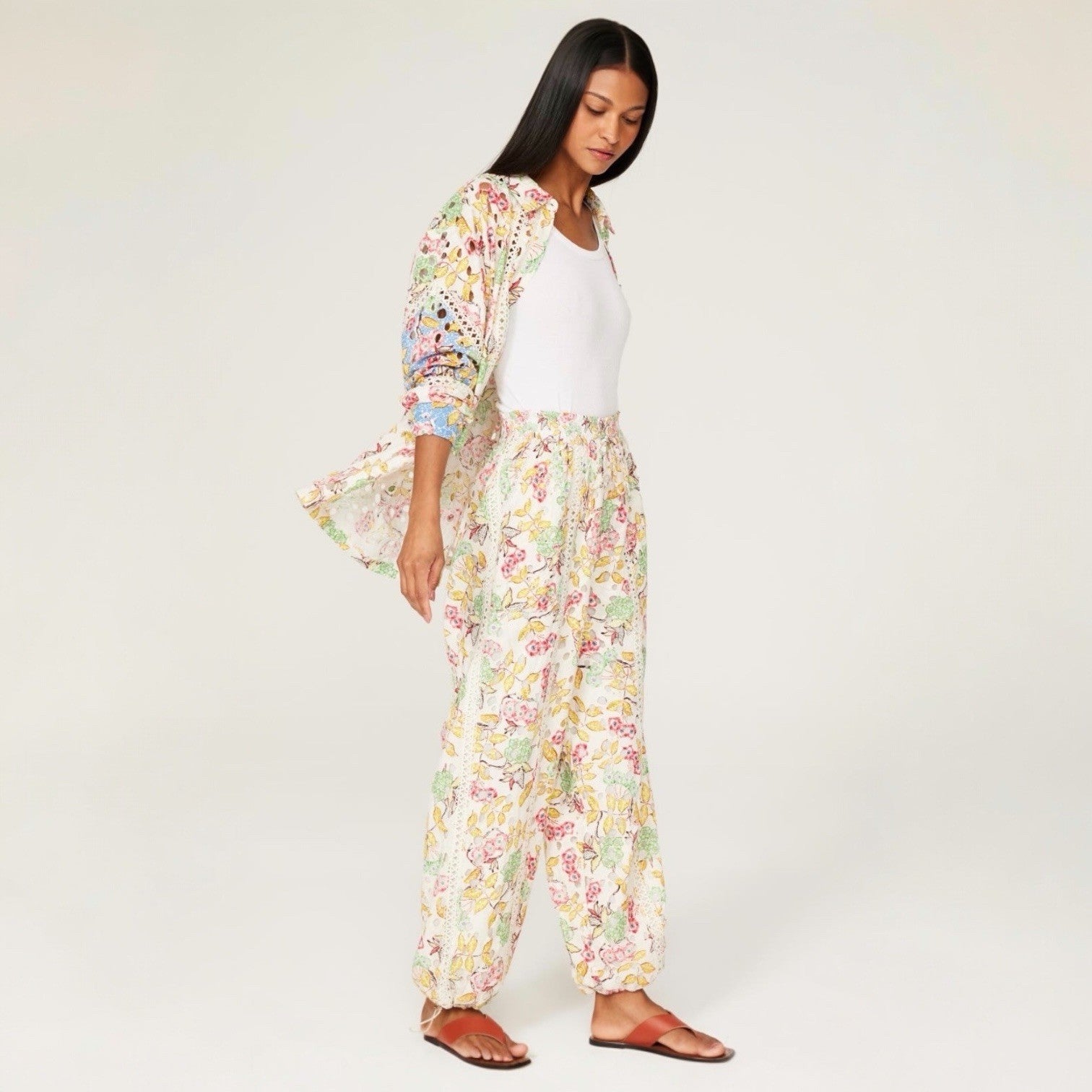 Hemant & Nandita Floral Embroidered Eyelet CottonCargo Pant Set - Size Large XL
