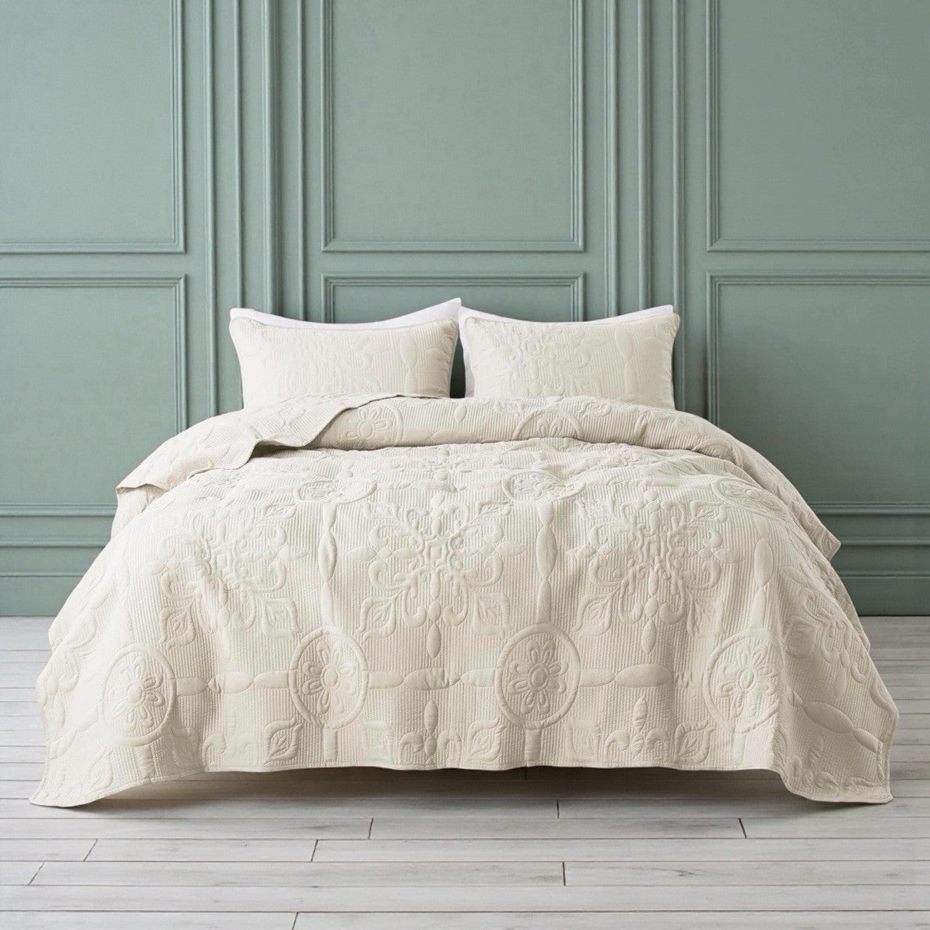 NEW Anthro White Cream Boho Jacquard Retro Queen / King Bedding Quilt & Sham Set