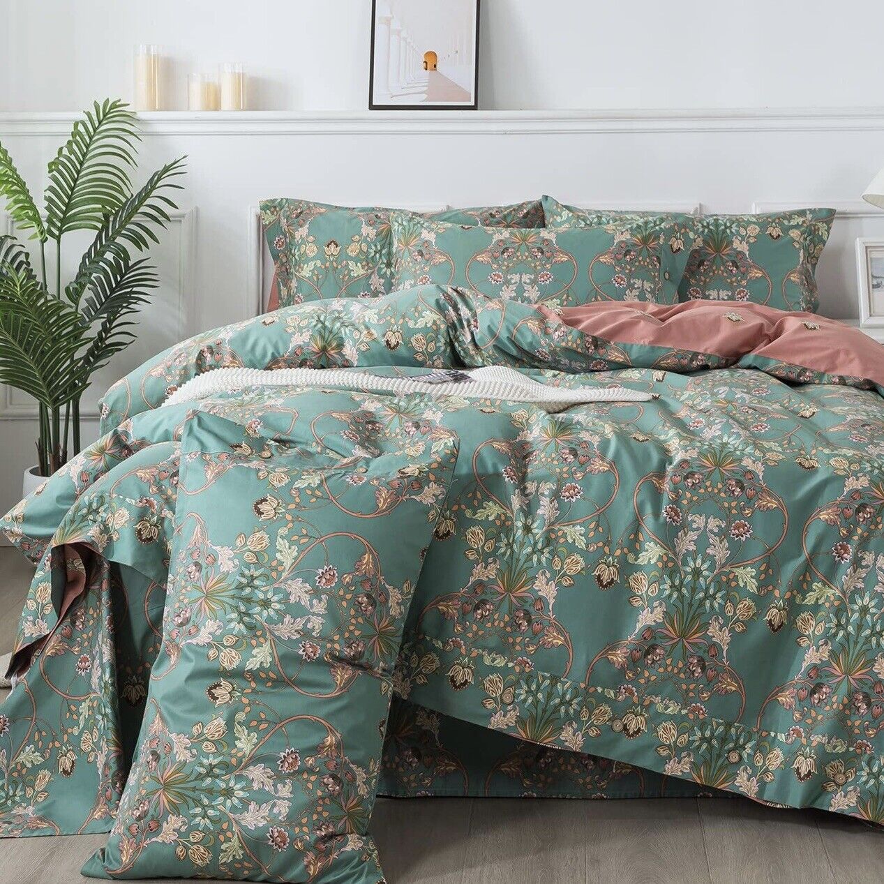 NEW Anthropologie Green Floral King Size Boho Comforter Bedding Sham Case Set