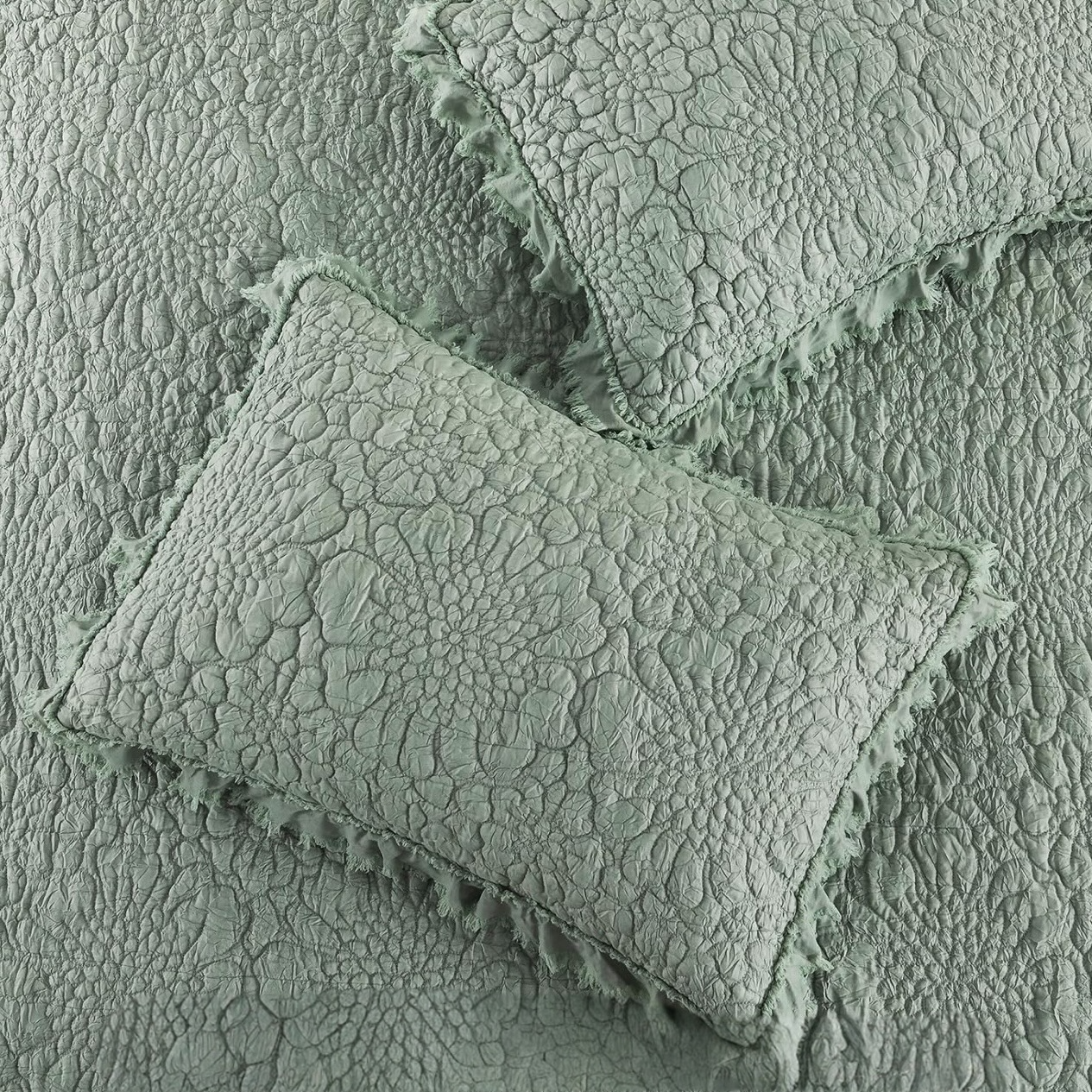NEW Anthro Sage Green Boho Ruffle Crinkle Queen / King Bedding Quilt & Sham Set