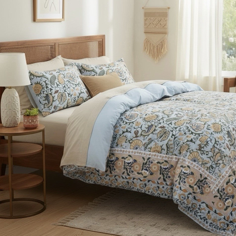 NEW Anthropologie Blue Floral Boho Cotton Queen / King Bedding Duvet & Sham Set