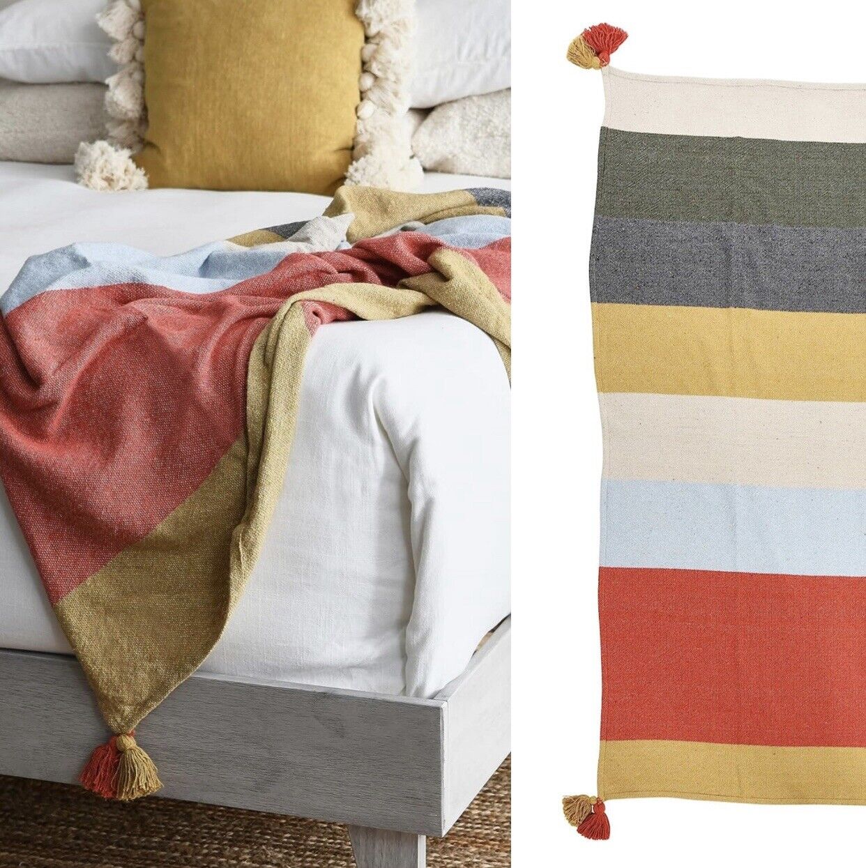 New Anthropologie Colorful Stripes Boho Tassel Knit Throw Blanket - 50" x 60"