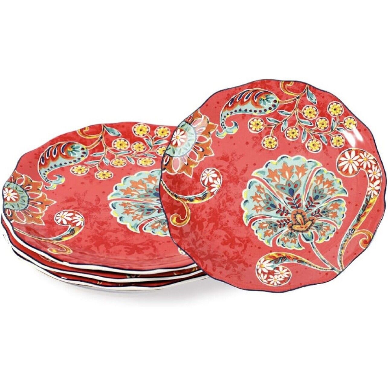 NEW Anthropologie (Set of 4) Red Boho Ceramic Floral Dinnerware Salad Plates Set