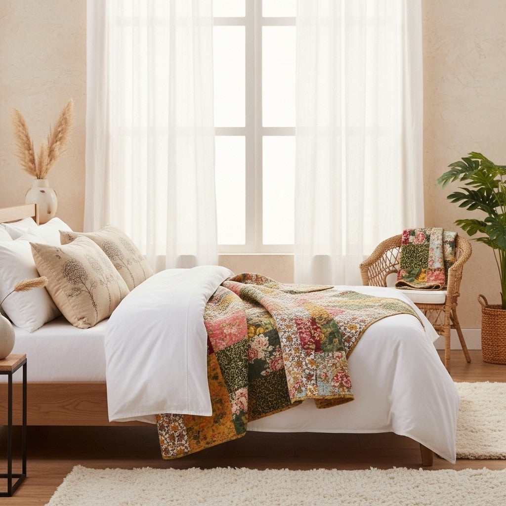 NEW Anthropologie Boho Floral Throw Blanket Bedspread Quilt Bedding - 50" x 60"