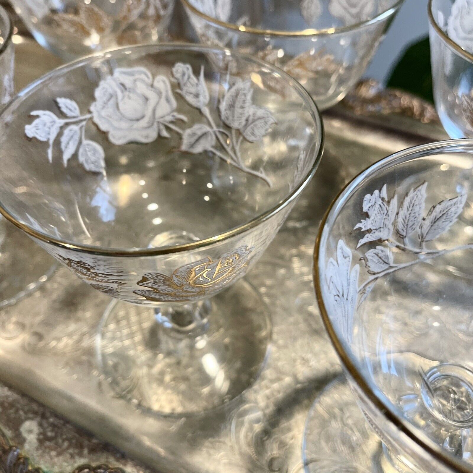 Vintage Libbey Crystal & Gold Rose Champagne 1960s Wine Glass Barware - Set of 8