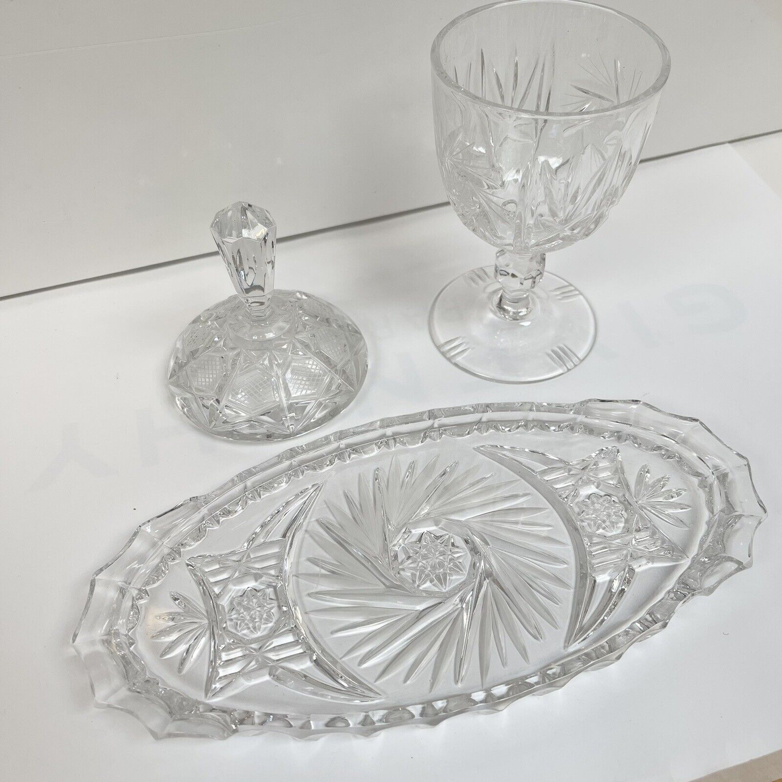 Vintage Cut Glass Pitchers Bowls Tray Candy Dish Antique Communion Set of 6