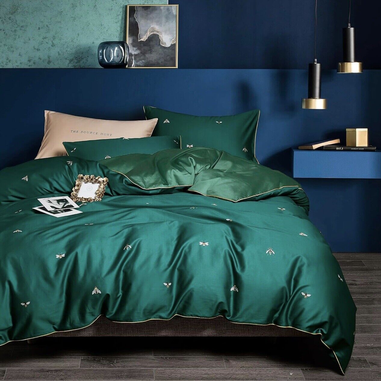 NEW Anthropologie Emerald Green Bee Boho King Size Bedding Duvet Sham Case Set