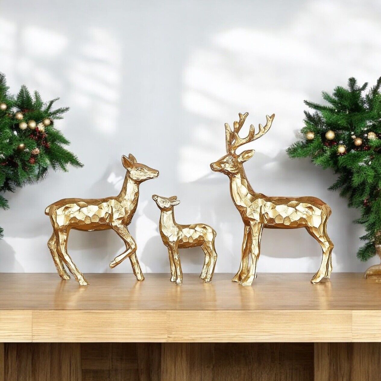 NEW West Elm Boho Geometric Gold Resin Holiday Christmas Reindeer Figures Set 3