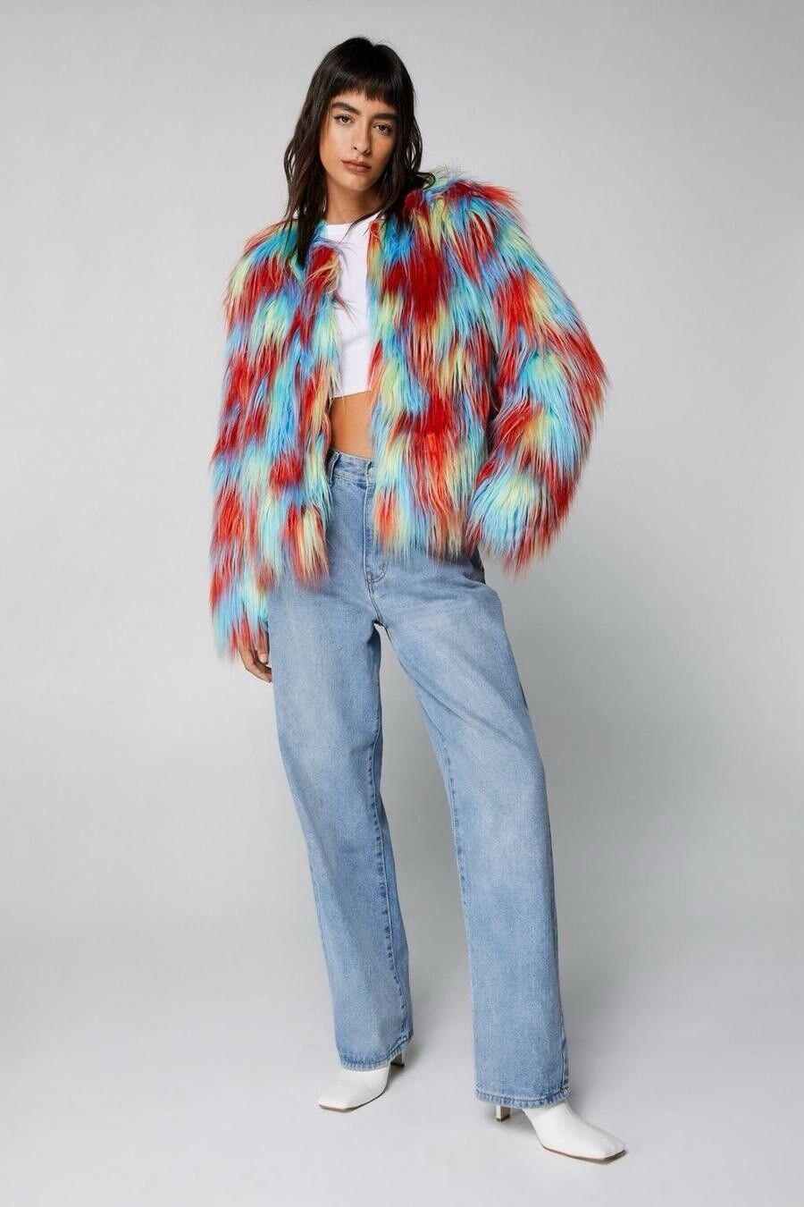 NEW Nasty Gal Rainbow Multicolor Faux Fur Hippie Jacket Coat Sweater Large / 10