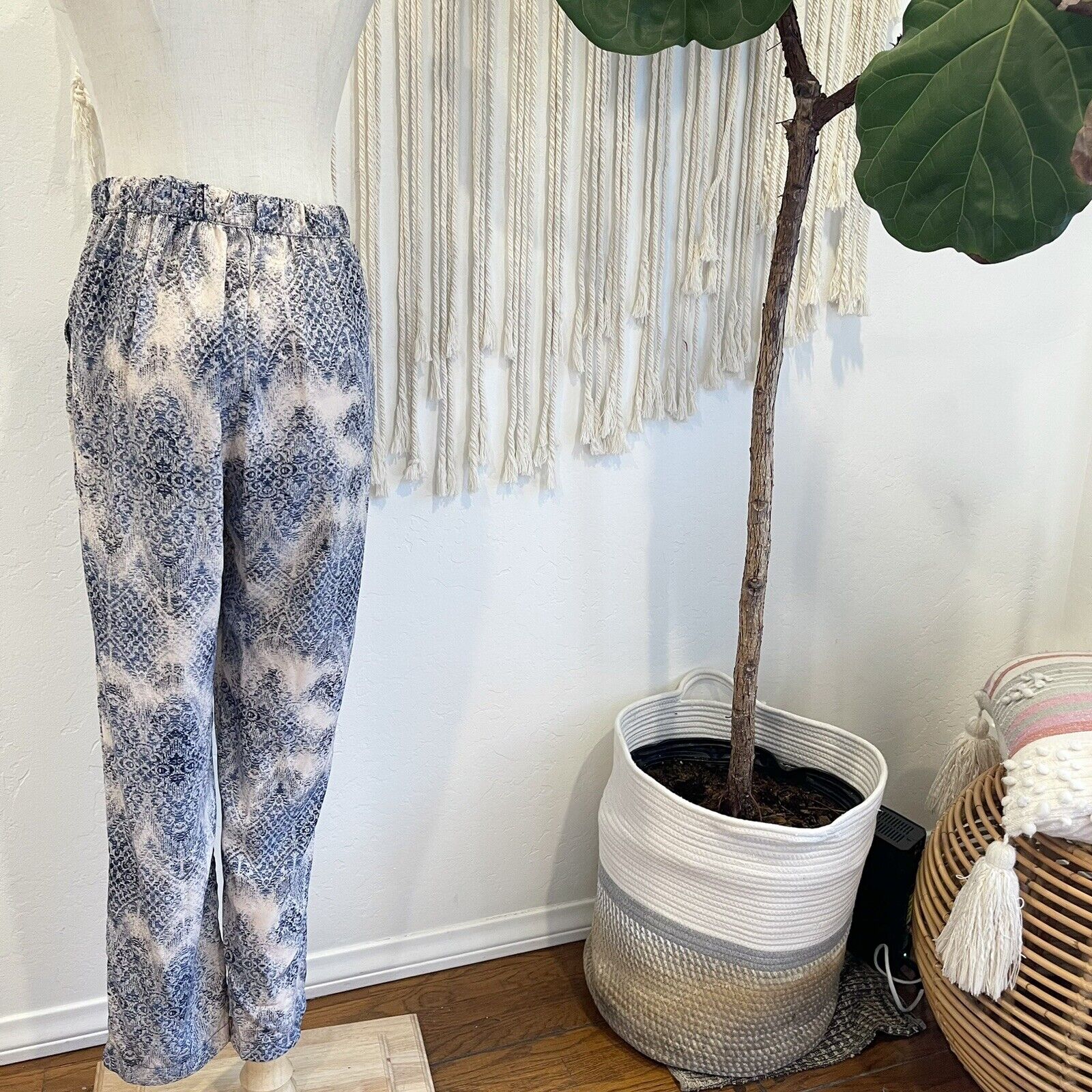 Free People Blue Boho Silky Printed Jogger Pants Slacks - Size Medium