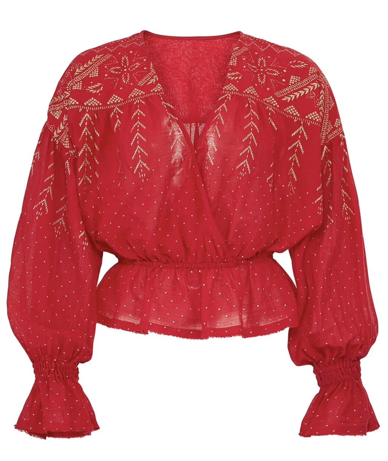 Free People Red Embroidered Print Boho Ruffle Blouse Shirt Top - Size Small