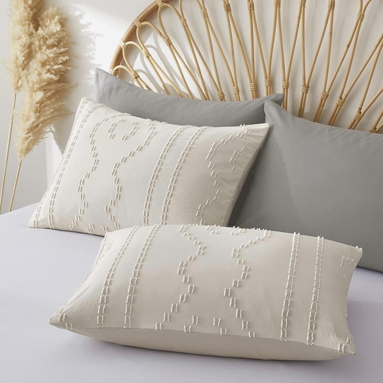 NEW Anthropologie Beige Boho King Size Tufted Fringe Bedding Duvet & Sham Set