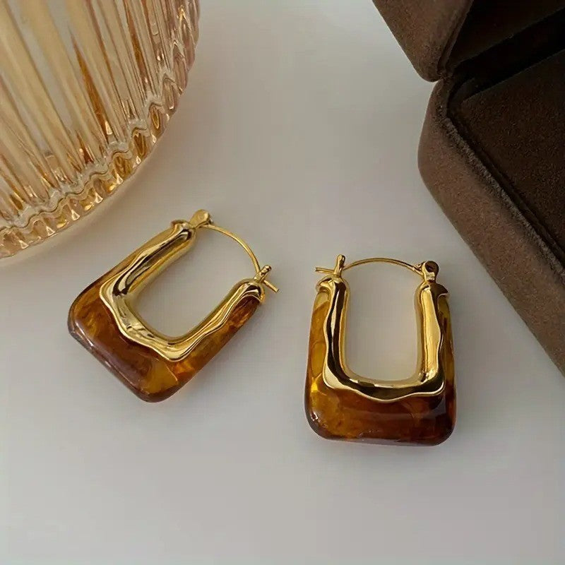 NEW Anthropologie Brown Resin & Gold Plated Chunky Hoop Dangle Earrings Jewelry