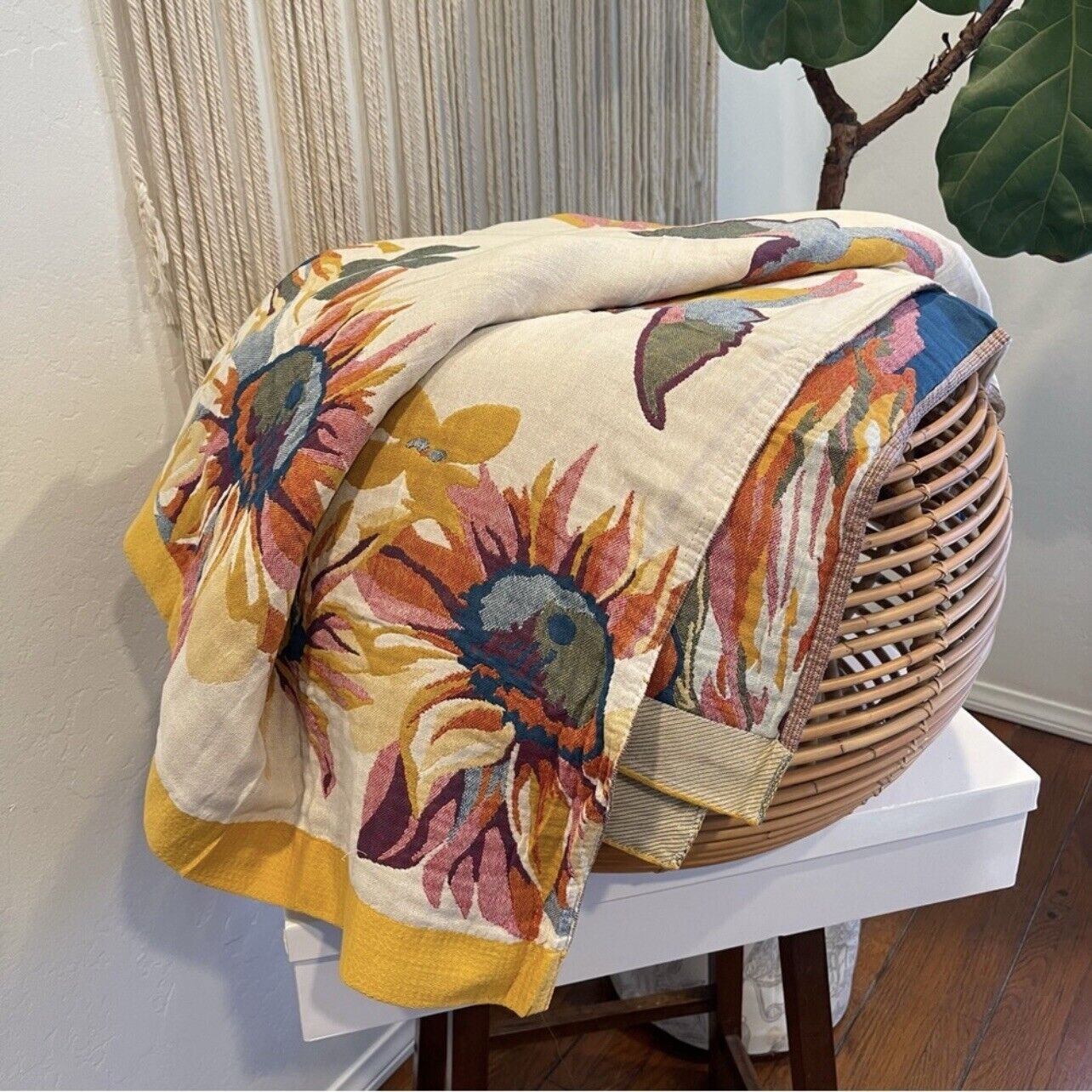 NEW XL Anthropologie Boho Bird Orange Throw Blanket Bedspread Quilt - 80" x 90"