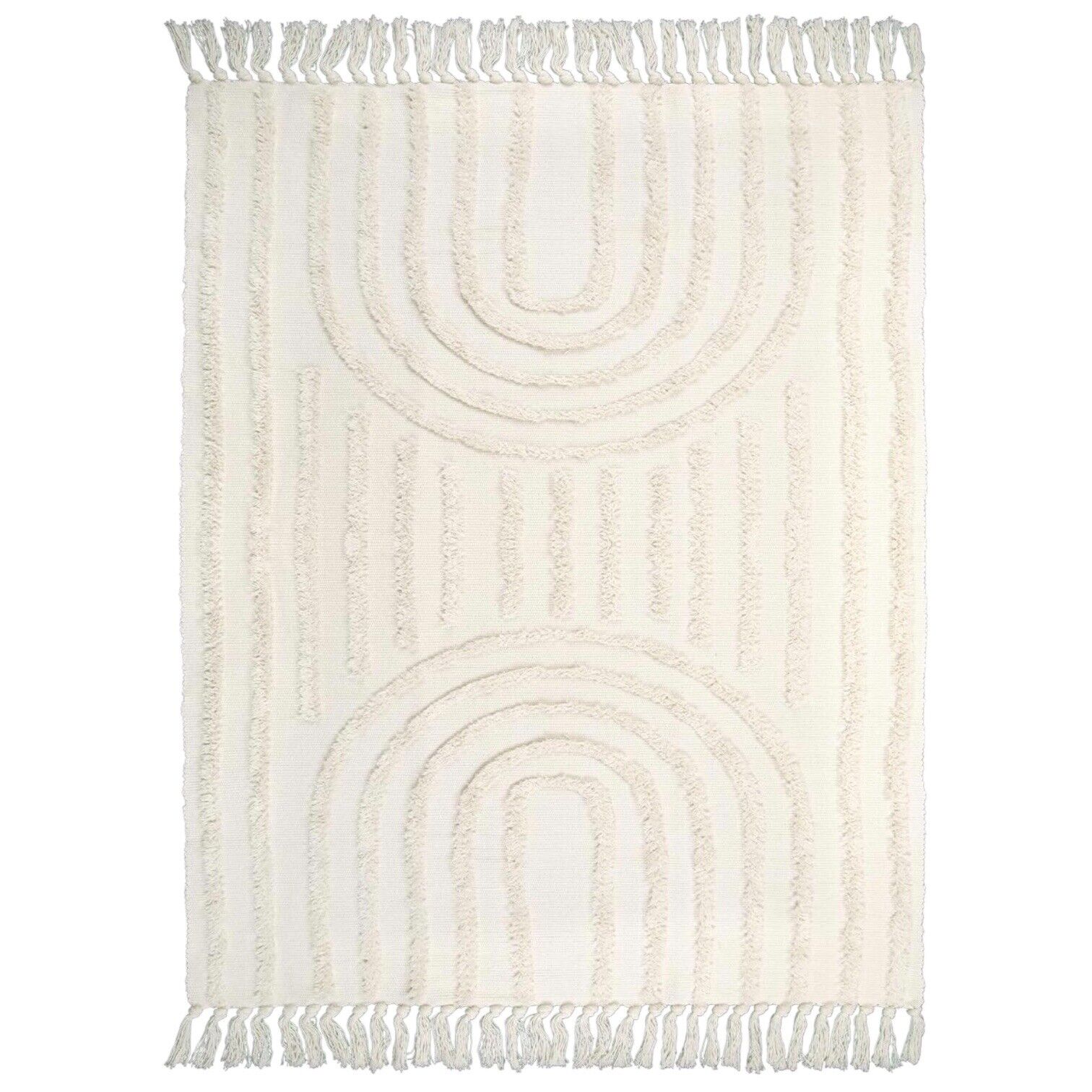 NEW West Elm White Beige Boho Chunky Woven Cotton Tassel Area Rug Carpet 5' x 7'