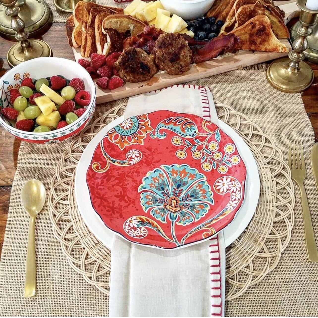 NEW Anthropologie (Set of 4) Red Boho Ceramic Floral Dinnerware Salad Plates Set