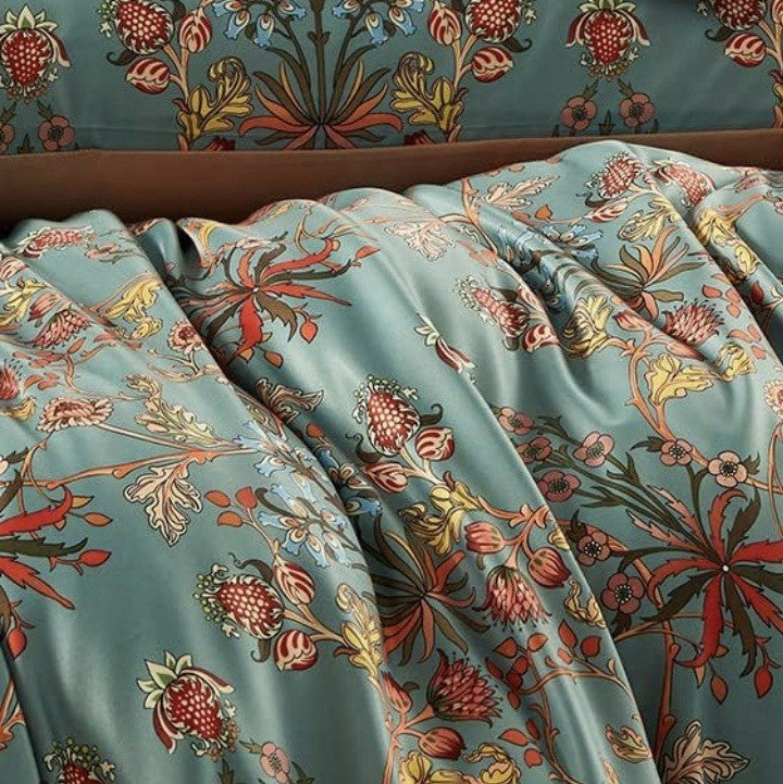 NEW Anthro Blue Orange Boho Floral Queen / King Bedding Duvet & Sham Case Set