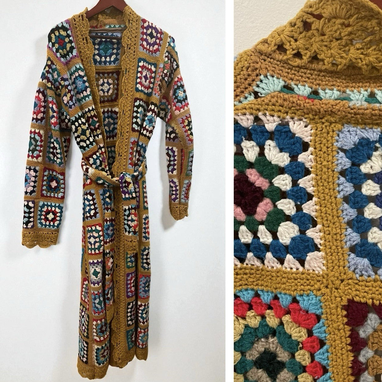 Vintage Italian Macrame Women's Crochet Rainbow Quilt Duster Sweater Coat Large