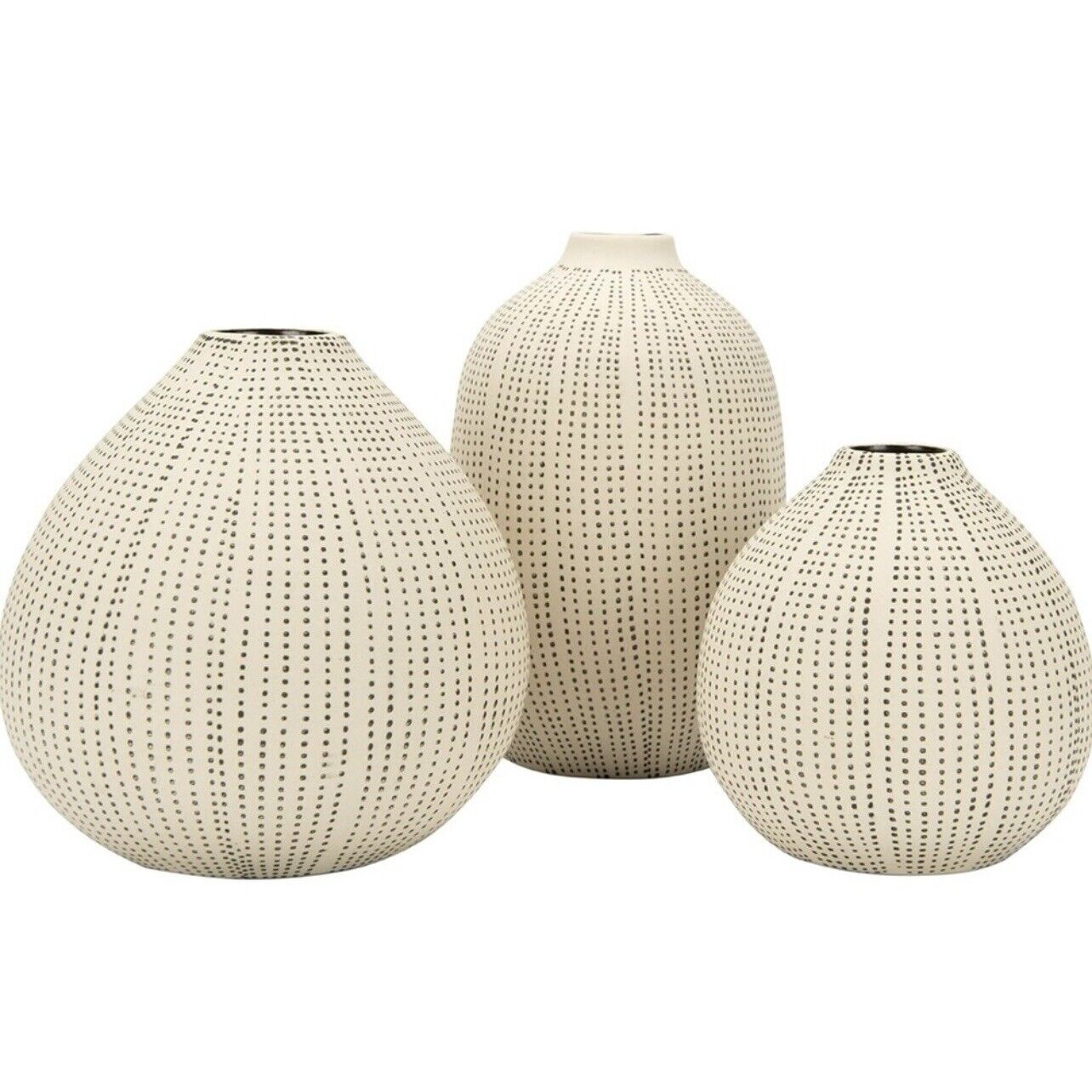 New West Elm White Ceramic Stoneware Textured Boho Vases Set of Three Home Decor