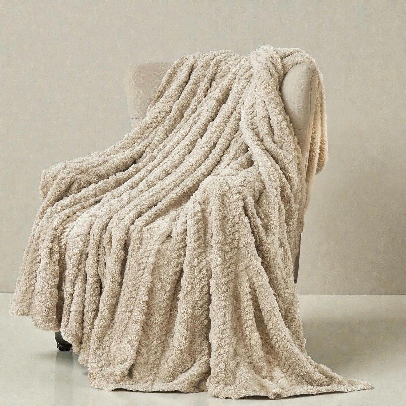 NEW West Elm Beige Ultra Soft Fleece Boho Tufted Fuzzy Throw Blanket - 50" x 60"