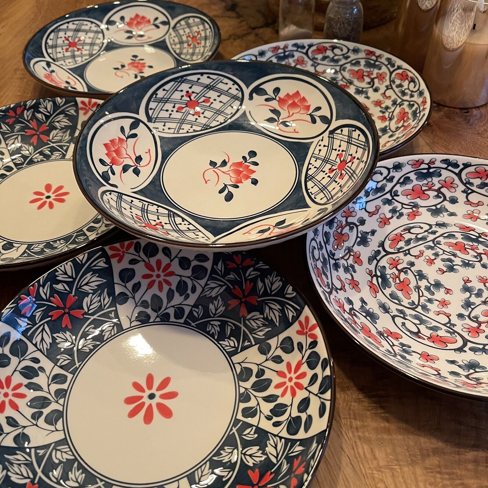 NEW West Elm (Set of 6) Blue Boho Ceramic Floral Dinnerware Salad Plates Set